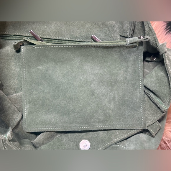 Sundance Italian Suede Leather Tote Bag w/ Detachable Pouch Sage Green - Picture 8 of 11